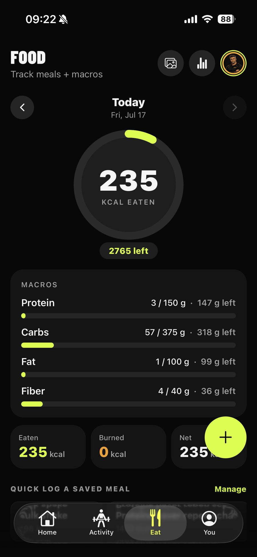 Der Essen-Tab mit Kalorienring und Makro-Balken