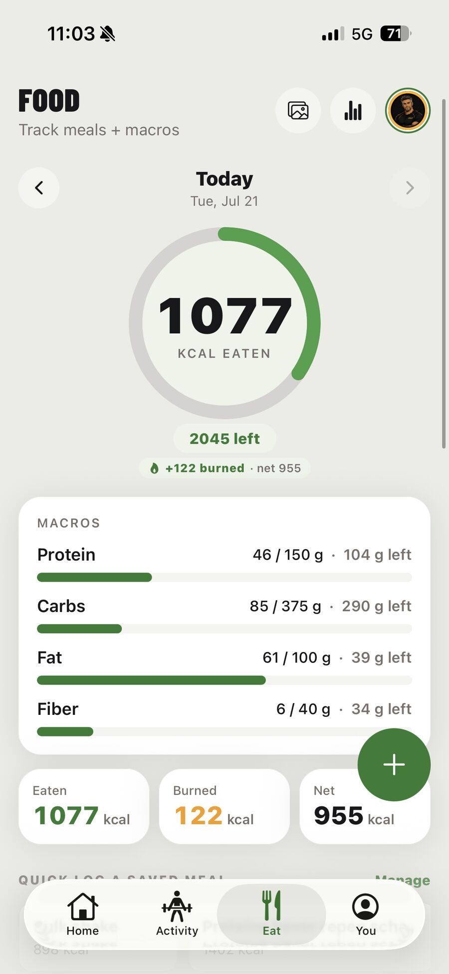 Der Essen-Tab mit Kalorienring und Makro-Balken