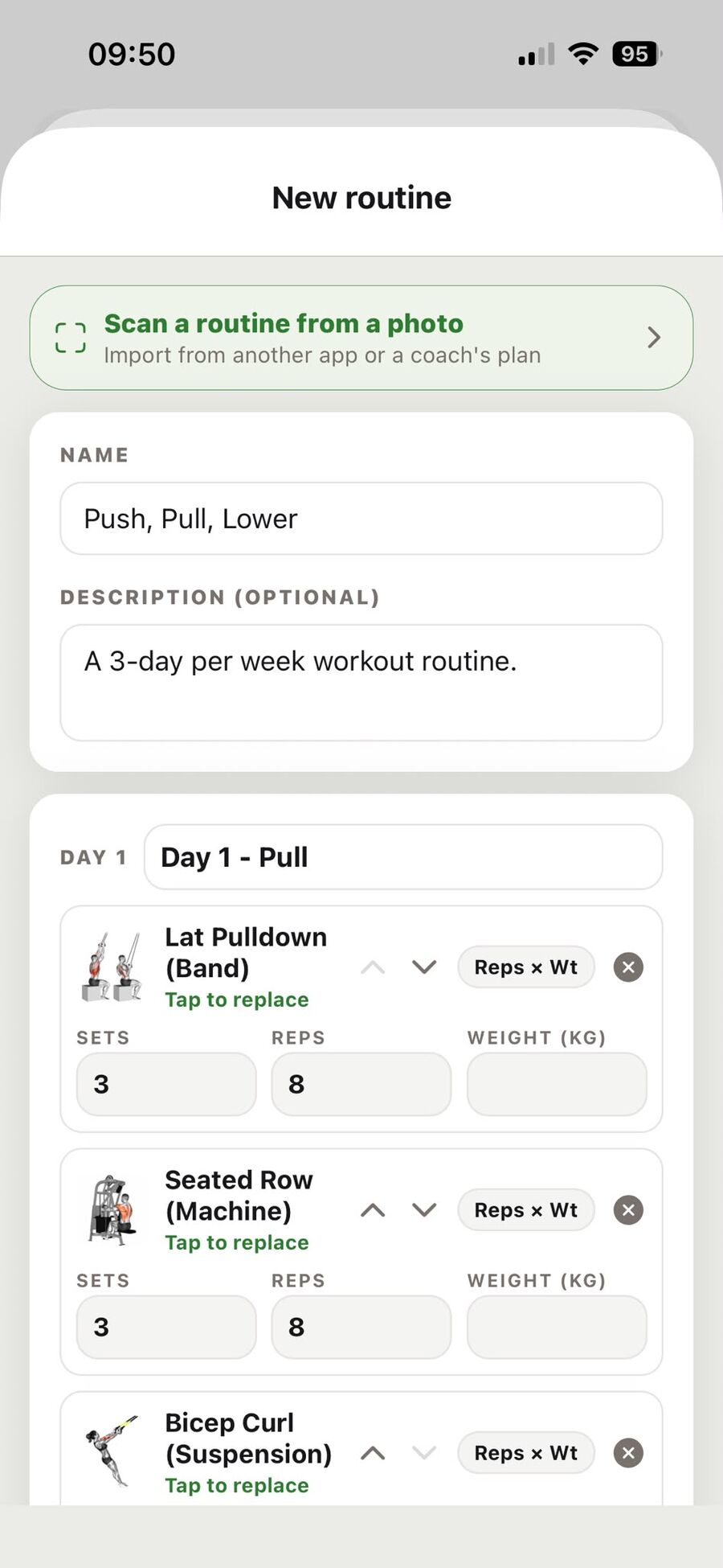 Eine gescannte Routine im Routine-Builder von Rep N Prep